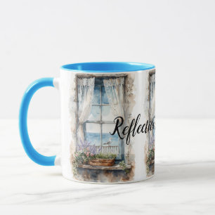 Caneca Vista da janela à beira-mar Cena costeira em aquar