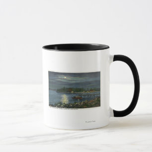 Caneca Vista enluarada do lago, aterragem do barco &