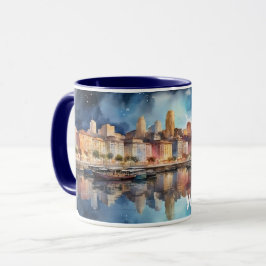 Caneca Vista Noturna de Watercolor City com Lago, Barco d
