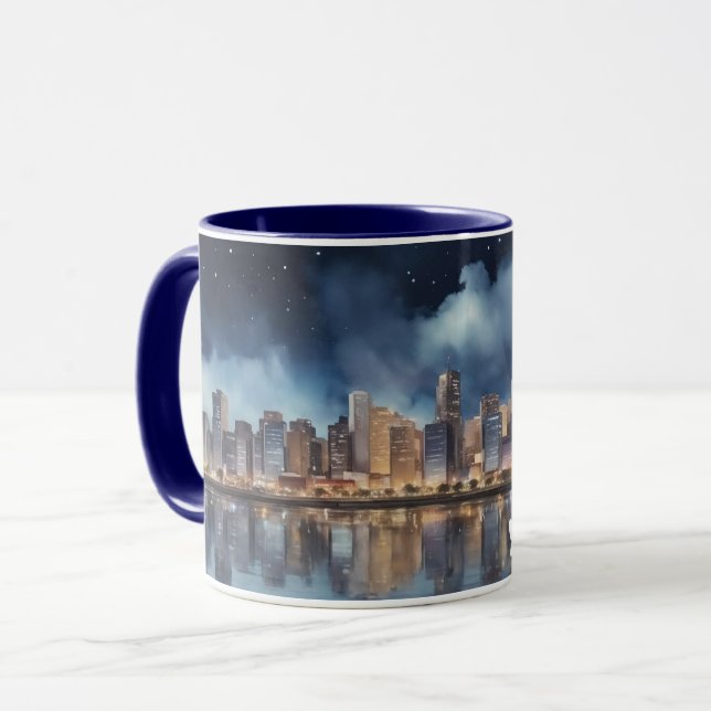 Caneca Vista Noturna de Watercolor City com um lago (Frente Esquerda)