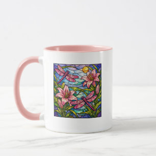 Caneca Vitraux Lírios e Libélulas Rosa