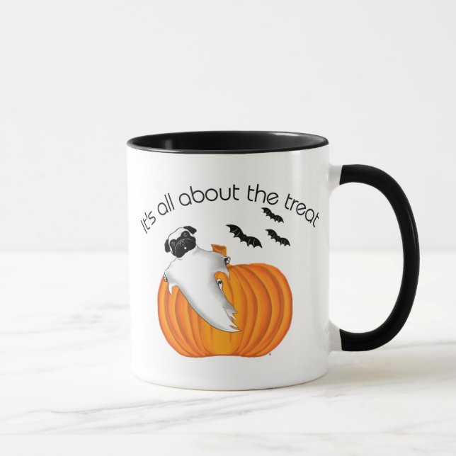 Caneca Voando Halloween Pug Ghost Engraçado Dizendo Abóbo (Direita)