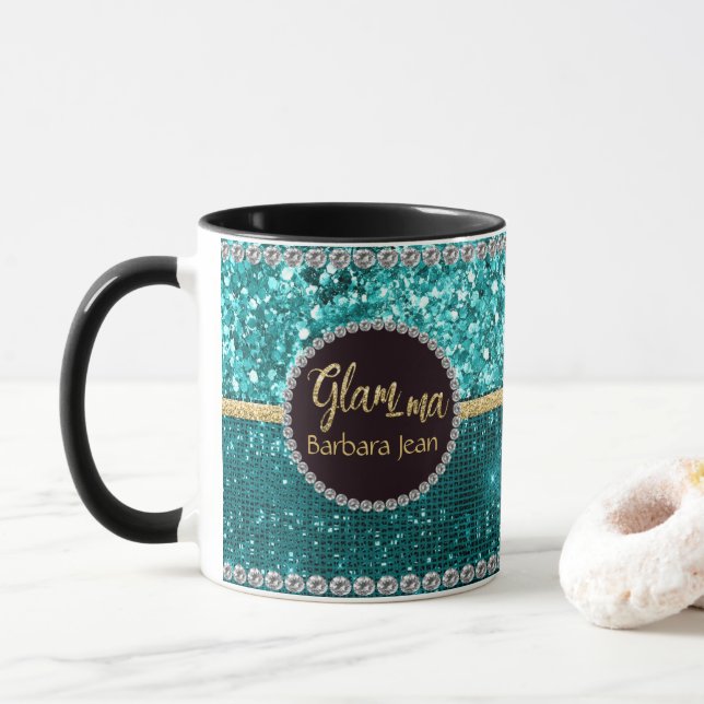 Caneca Vovó Glamorosa - mães Azul - Dourados Nomes Verdes (Com Donut)