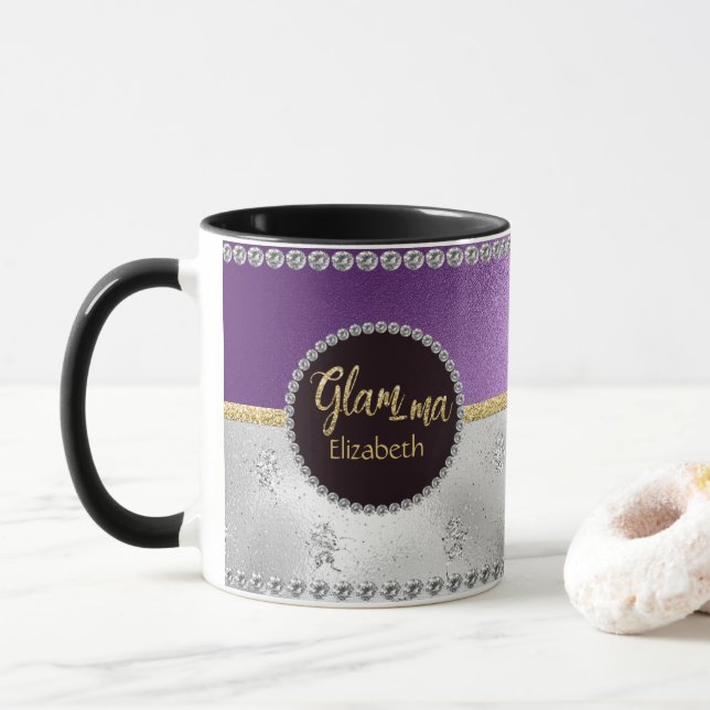 Caneca Vovó Glamorosa mães Roxos Nomes de Prata Dourados (Com Donut)