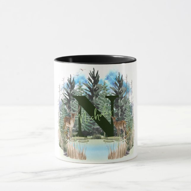 Caneca Watercolor Deer Personalizado Monograma - Letra N (Centro)