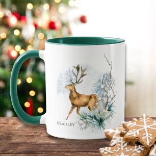 Caneca Watercolor Deer Stag Winter Floral Nome Personaliz