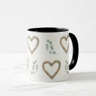 Caneca Watercolor eucalyptus and wood hearts