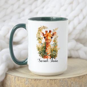 Caneca Watercolor Floral Cuja Bebê Giraffe Safari Animal