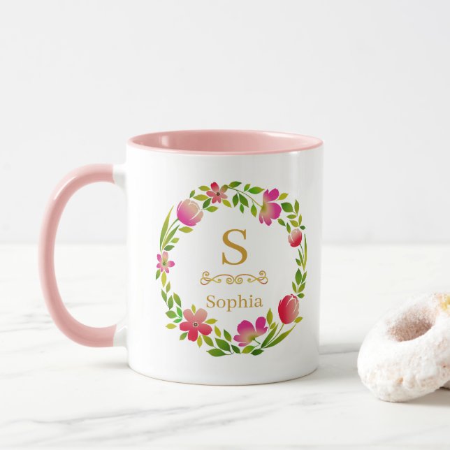 Caneca Watercolor Floral Monogram I Custom Gold Initial (Com Donut)