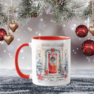 Caneca Watercolor Merry Christmas Red Door Elegant