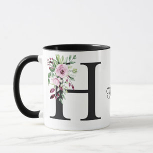 Caneca "Watercolor Pink e Rosas Roxos Mug Iniciais 'H'