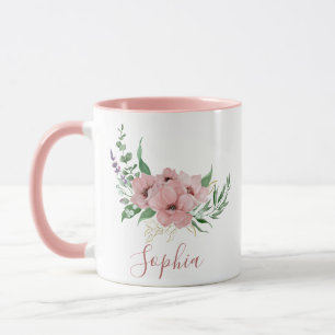 Caneca Watercolor Pink Flowers Name Mug