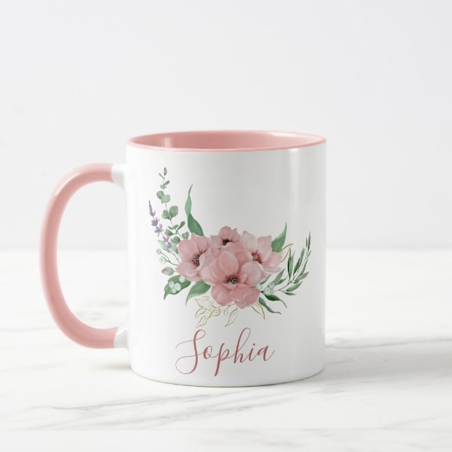 Caneca Watercolor Pink Flowers Name Mug (Esquerda)