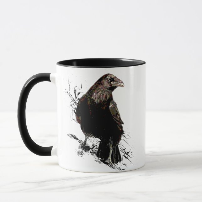 Caneca Watercolor Raven Bird Art (Esquerda)