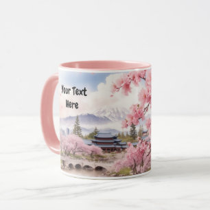Caneca Watercolor Sakura Cherry Blossom e Mountain View