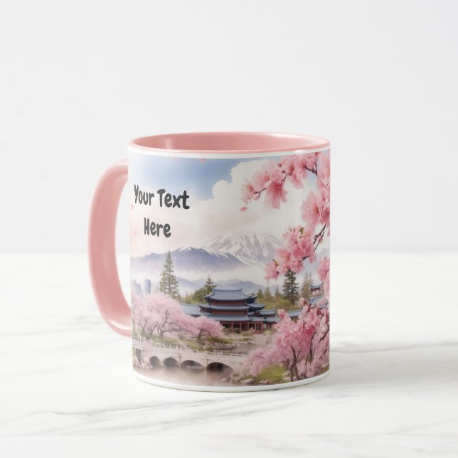 Caneca Watercolor Sakura Cherry Blossom e Mountain View (Frente Esquerda)