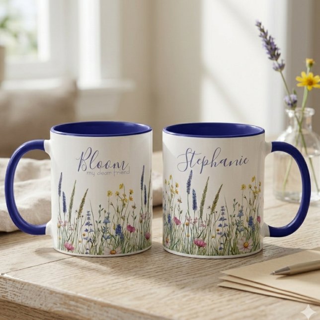 Caneca Watercolor Wildflower Meadow "Bloom" (Wildflower personalized friendship mug)