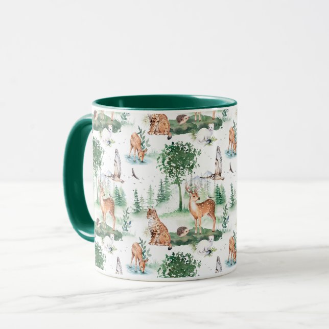 Caneca Watercolor Woodland Baby Animal Patterno (Frente Esquerda)