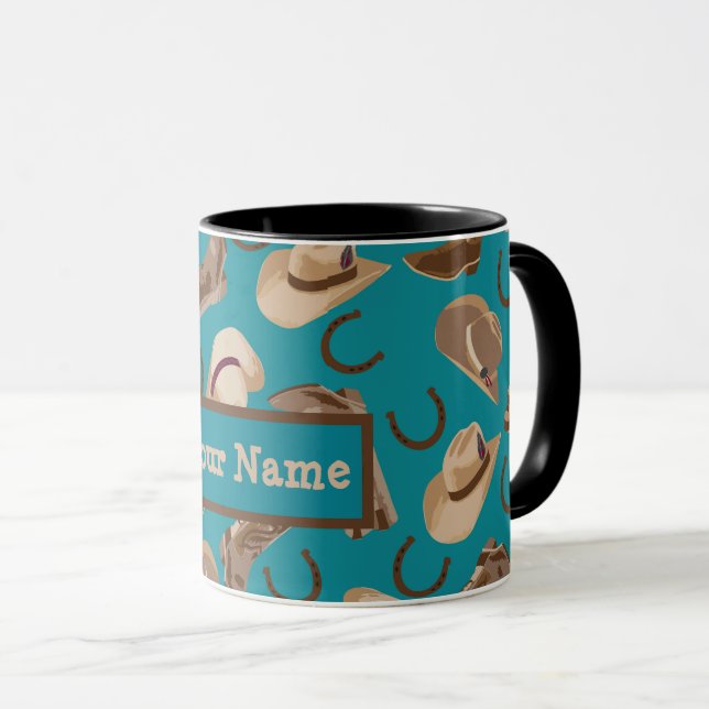 Caneca Western Cowboy Boots Hats Teal Name Personalizado (Frente Esquerda)