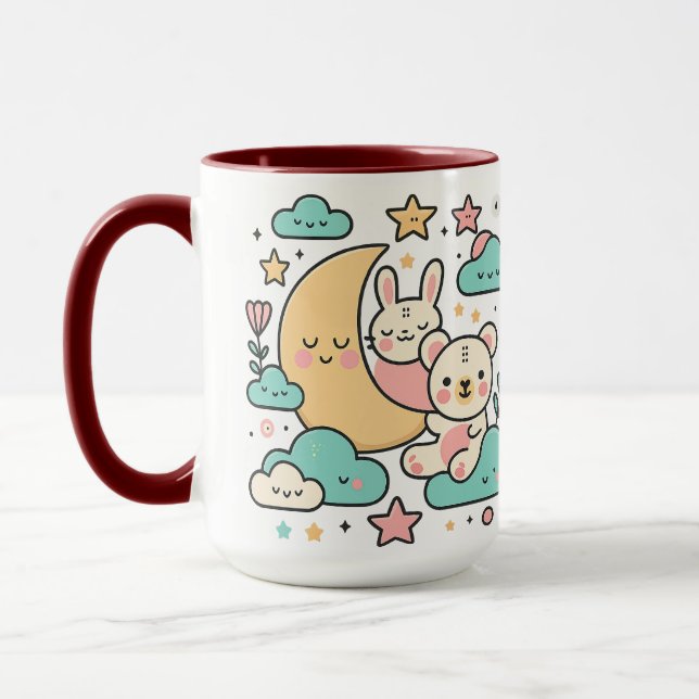 Caneca Whimsical Bunny and Bear Under Moon Illustration (Esquerda)