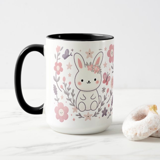 Caneca Whimsical Floral Bunny Ceramic Mug (Com Donut)