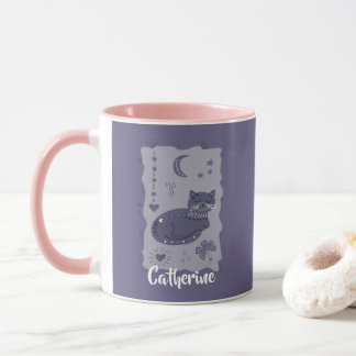 Caneca Whimsical Night Cat Folk Art Custom Mug
