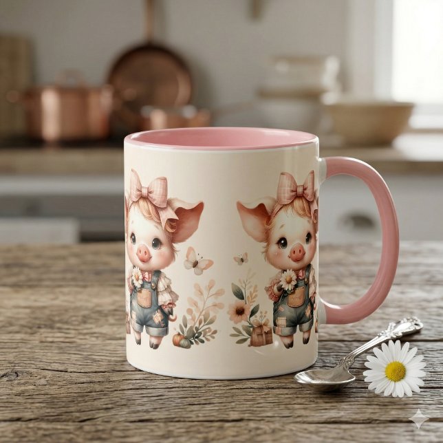 Caneca Whimsical Piglet in Pastel Overalls Peach (Whimsical Piglet in Pastel Overalls Peach Mug)