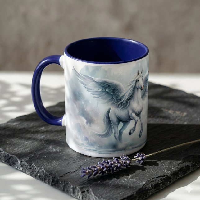 Caneca White Pegasus Wings Soft Blue Sky Dreamscape (White Pegasus Wings Soft Blue Sky Dreamscape Mug On Stone Counter)