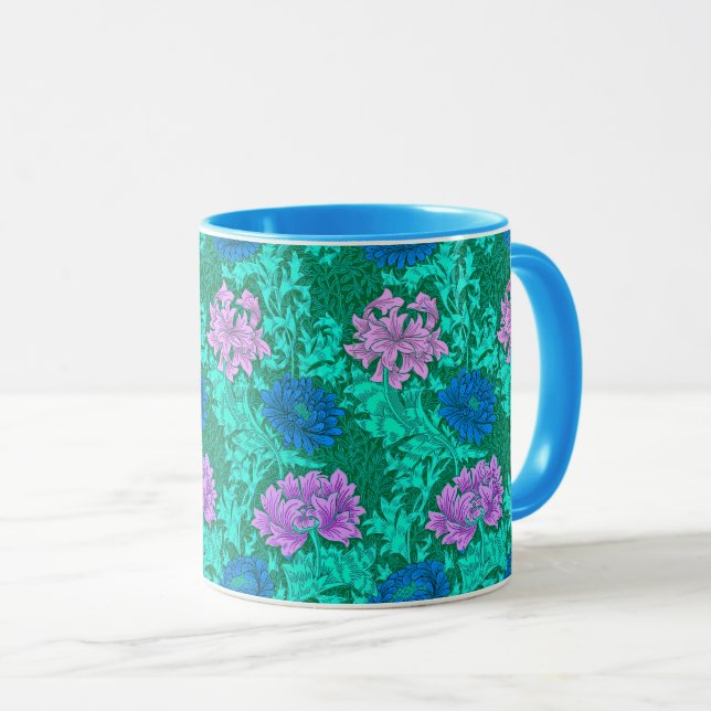 Caneca William Morris Chrysanthemums, Aqua e Violet (Frente Esquerda)
