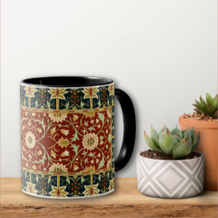 Caneca William Morris Floral Design Vermelho Dourado e Az