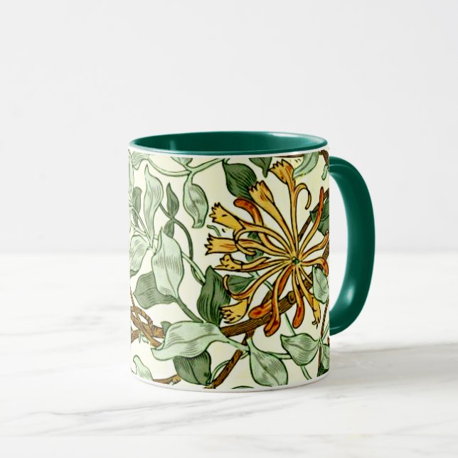 Caneca William Morris - Honeysuckle em verde e Dourado (Frente Esquerda)