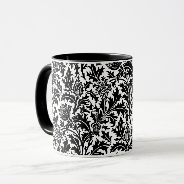 Caneca William Morris Thistle Damask, Preto a Branco (Frente Esquerda)