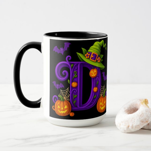 Caneca Witchy Halloween Inicial "D" Mug (Com Donut)