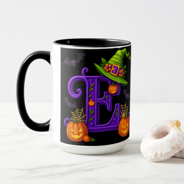 Caneca Witchy Halloween Inicial "E" Mug (Com Donut)