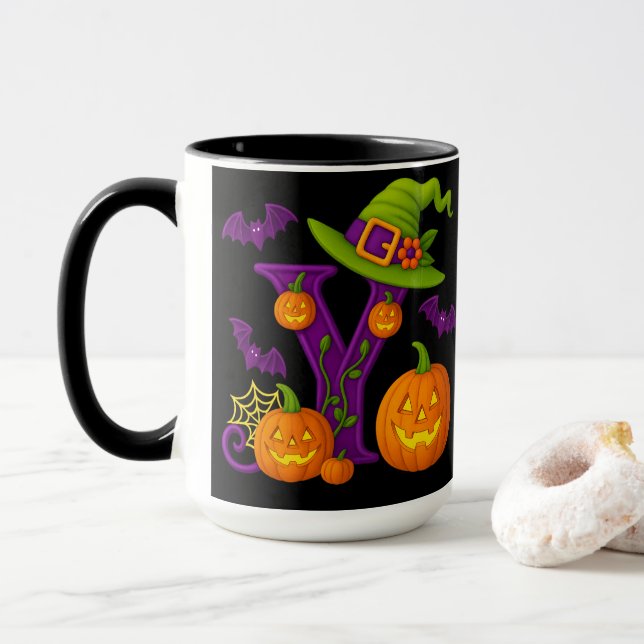 Caneca Witchy Halloween Inicial "Y" Mug (Com Donut)