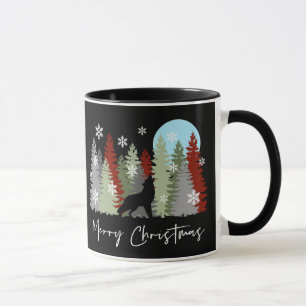 Caneca Wolf Howling Na Floresta Feliz Árvores De Natal