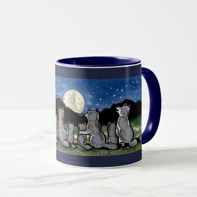 Caneca Wolf Wolves Howling em Moon Designer Dark Blue Mug (Frente Esquerda)