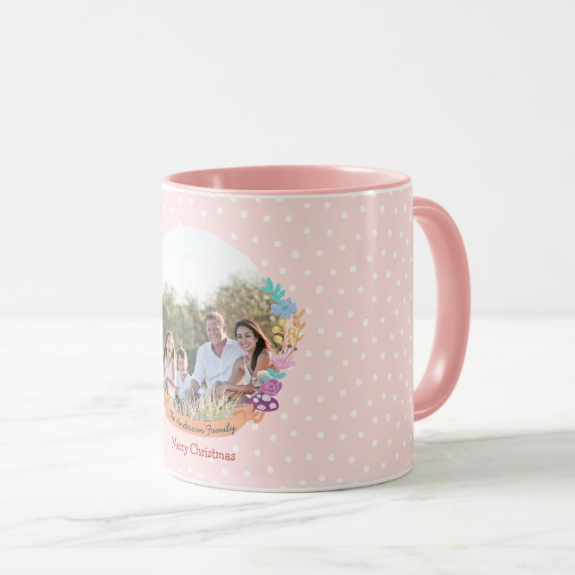 Caneca Wonderland cat floral wreath Xmas foto rosa (Frente Esquerda)