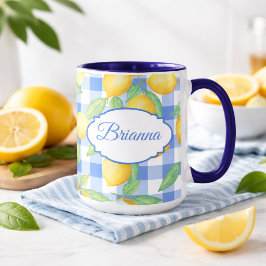 Caneca Xadrez Azul e Branco com Estampa de Limão A