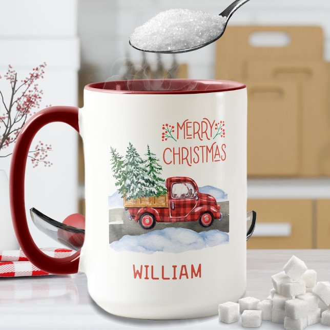 Caneca Xadrez de Aquarela Vermelha Neve Feliz Natal (Merry Christmas red accent coffee mug with red and black buffalo plaid truck and personalized name)