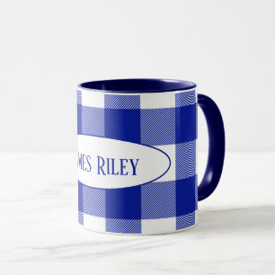 Caneca xadrez de búfalos azul e branco com nome