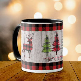 Caneca Xadrez de Buffalo Deer Árvores de Natal em Madeira