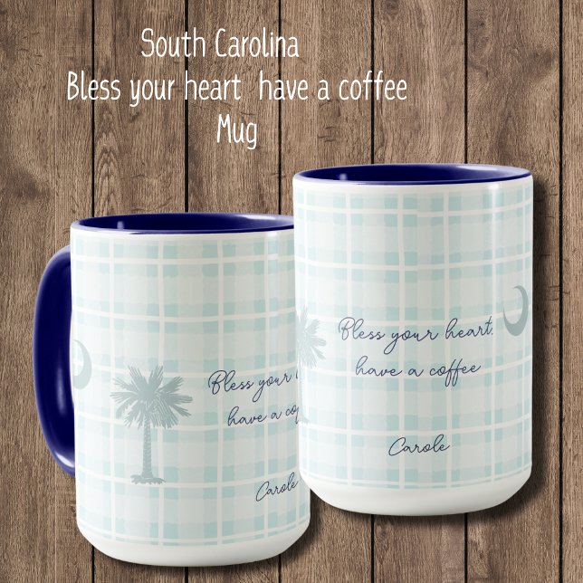 Caneca Xadrez de South Carolina Mug com Palm Tree e Lua (Bless Your Heart, Have a Coffee mug. Personalize to make it your own. South Carolina Flag with plaid)