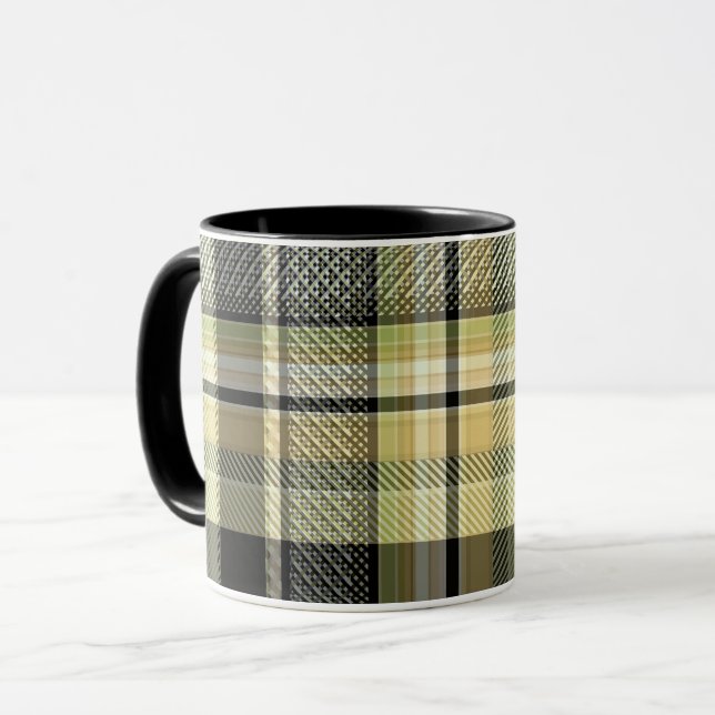 Caneca Xadrez de tartan amarelo-marrom. (Frente Esquerda)