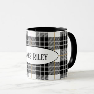 Caneca xadrez de tartan preto e branco com nome