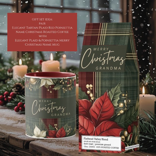 Caneca Xadrez Elegante e Poinsettia Feliz Nome de Natal (Criador carregado)