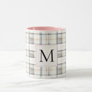Caneca Xadrez Monograma Branco Cinza Chic Listras