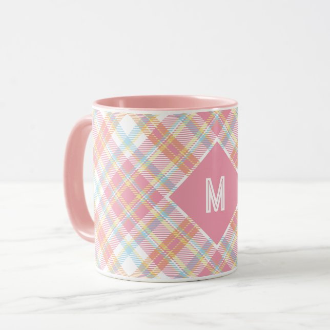 Caneca Xadrez Monograma Personalizada / Padrão Tartan (Frente Esquerda)