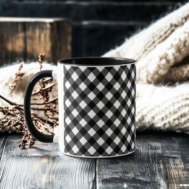 Caneca Xadrez Preto e Branco Elegante Retrô (retro elegant black and white gingham check mug)