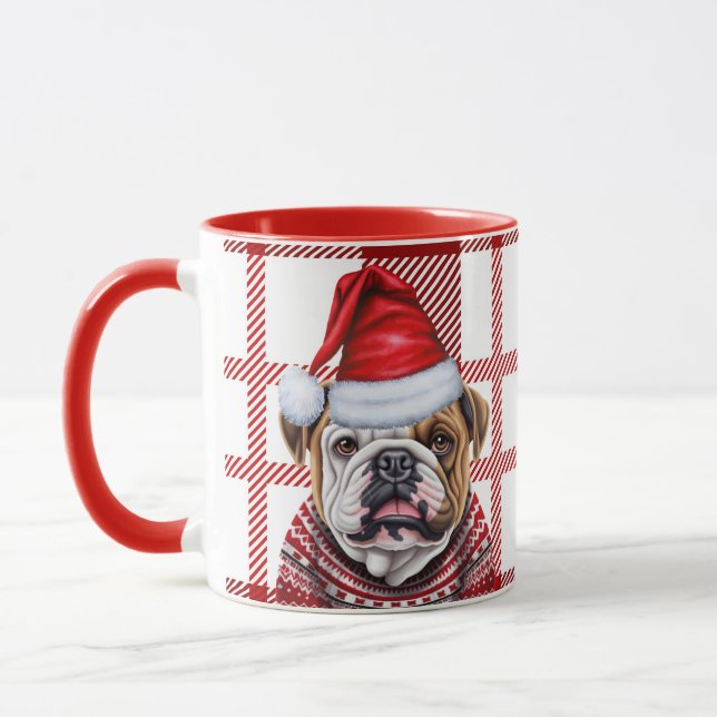 Caneca Xadrez Vermelha Feriada e Bulldog em um Natal (Esquerda)
